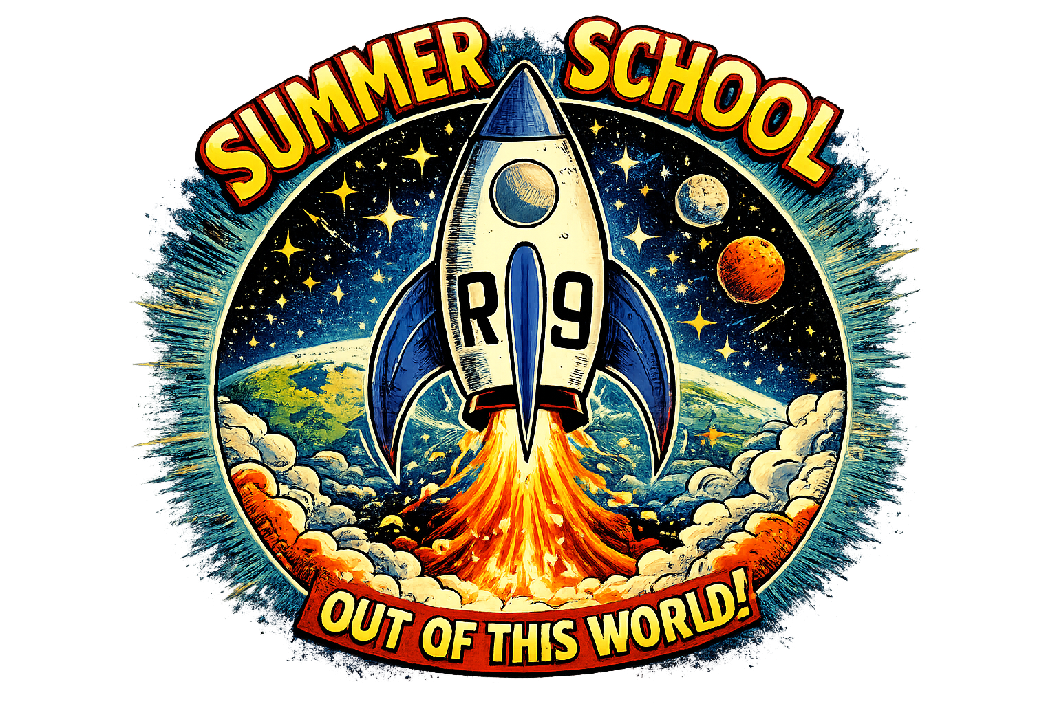 A graphic design featuring a spacecship with R9 on it that says Summer School above the rocket and out of this world below the rocket. 